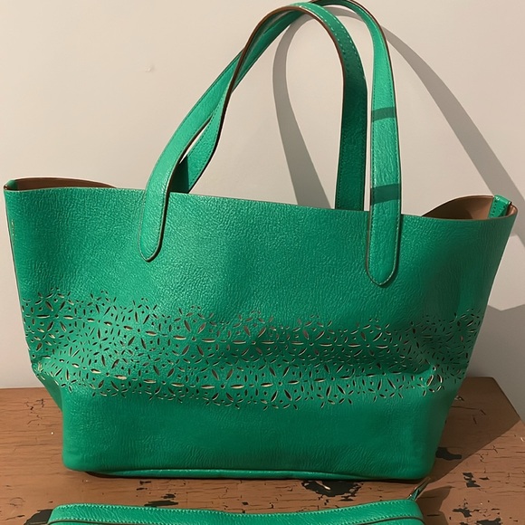 RALPH LAUREN Laser Cut Perforated Chantilly Tote Bag Clutch Green Purse Leather - Picture 8 of 16
